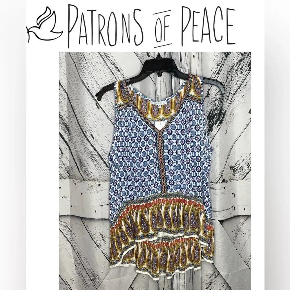 Patrons of Peace Floral Embroidered High Low Ruffle Hem Sleeveless Blouse M